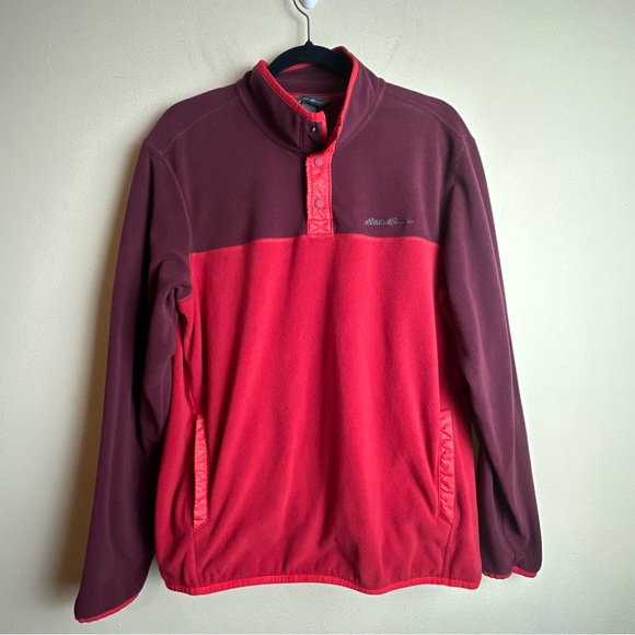 Eddie Bauer Mens Quarter Snap Button Red Fleece Pullover Logo Spell Out Medium - Picture 2 of 15